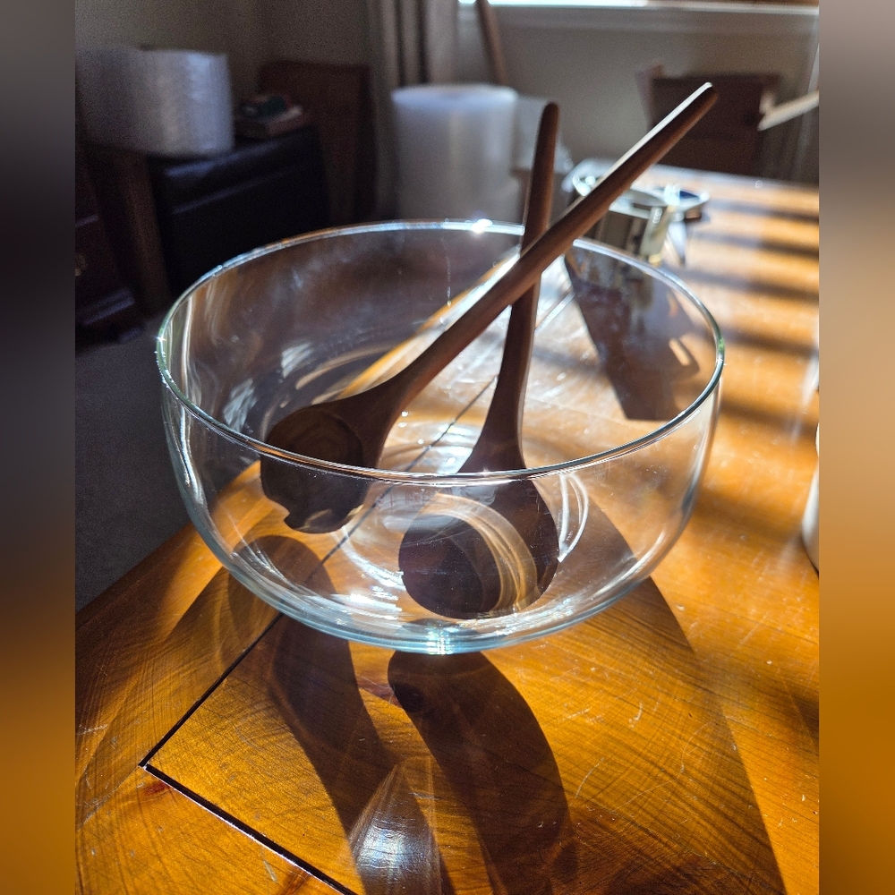 Riekes Crisa Crystal Salad Bowl And Wood Serving Utensils In Original Box